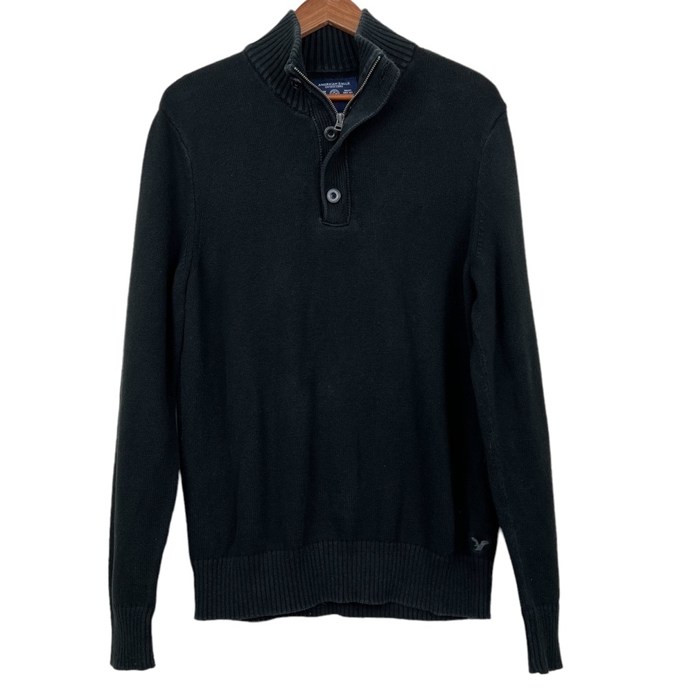 American Eagle AEO Mens Athletic Fit Pullover 1/4 Zip Sweater Size L Black